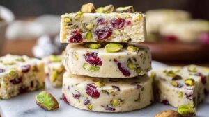 Buttery shortbread packed with tart cranberries and crunchy pistachios, drizzled with white chocolate. These look fancy but are so easy to make!