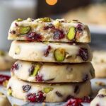 cranberry pistachio shortbread cookies with white chocolate drizzle on parchment paper