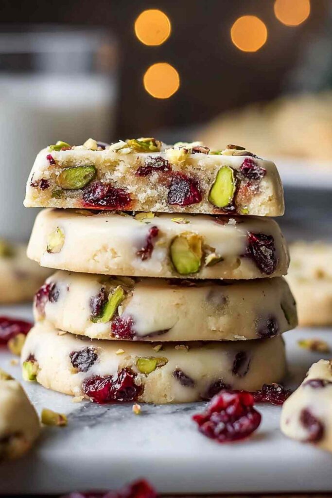 cranberry pistachio shortbread cookies with white chocolate drizzle on parchment paper