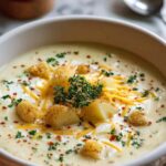 creamy rustic potato soup in white bowl with herbs and bacon garnish