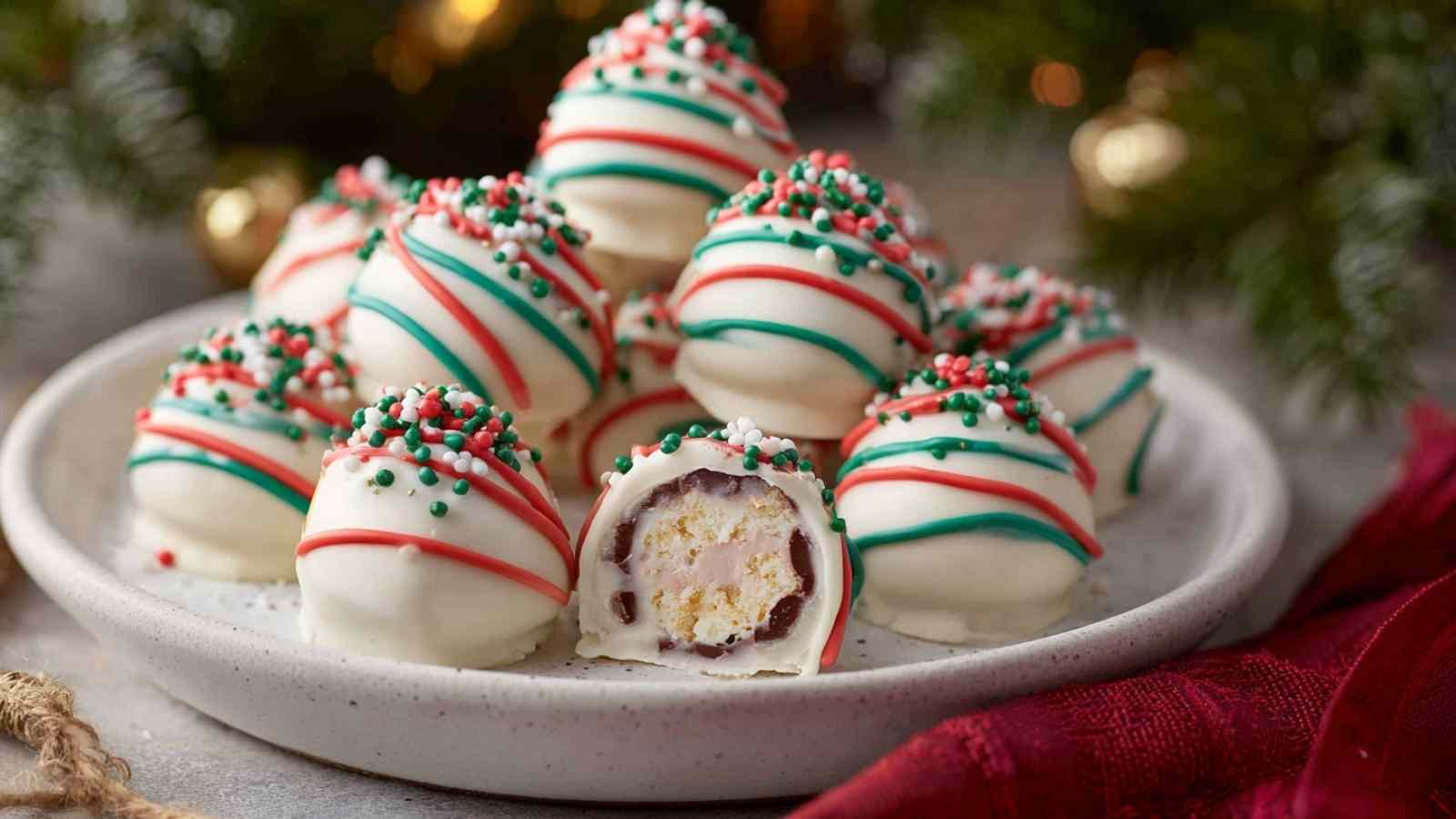 Little Debbie Christmas Tree Cake Truffles with white chocolate coating and red drizzle on parchment paper