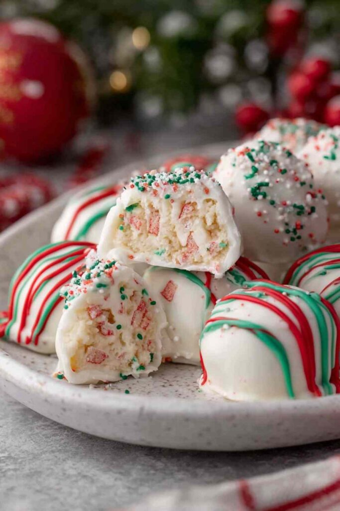 Little Debbie Christmas Tree Cake Truffles with white chocolate coating and red drizzle on parchment paper