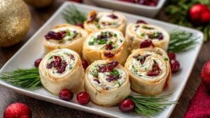 Savory Christmas Cranberry Roll Ups sliced and arranged on white platter