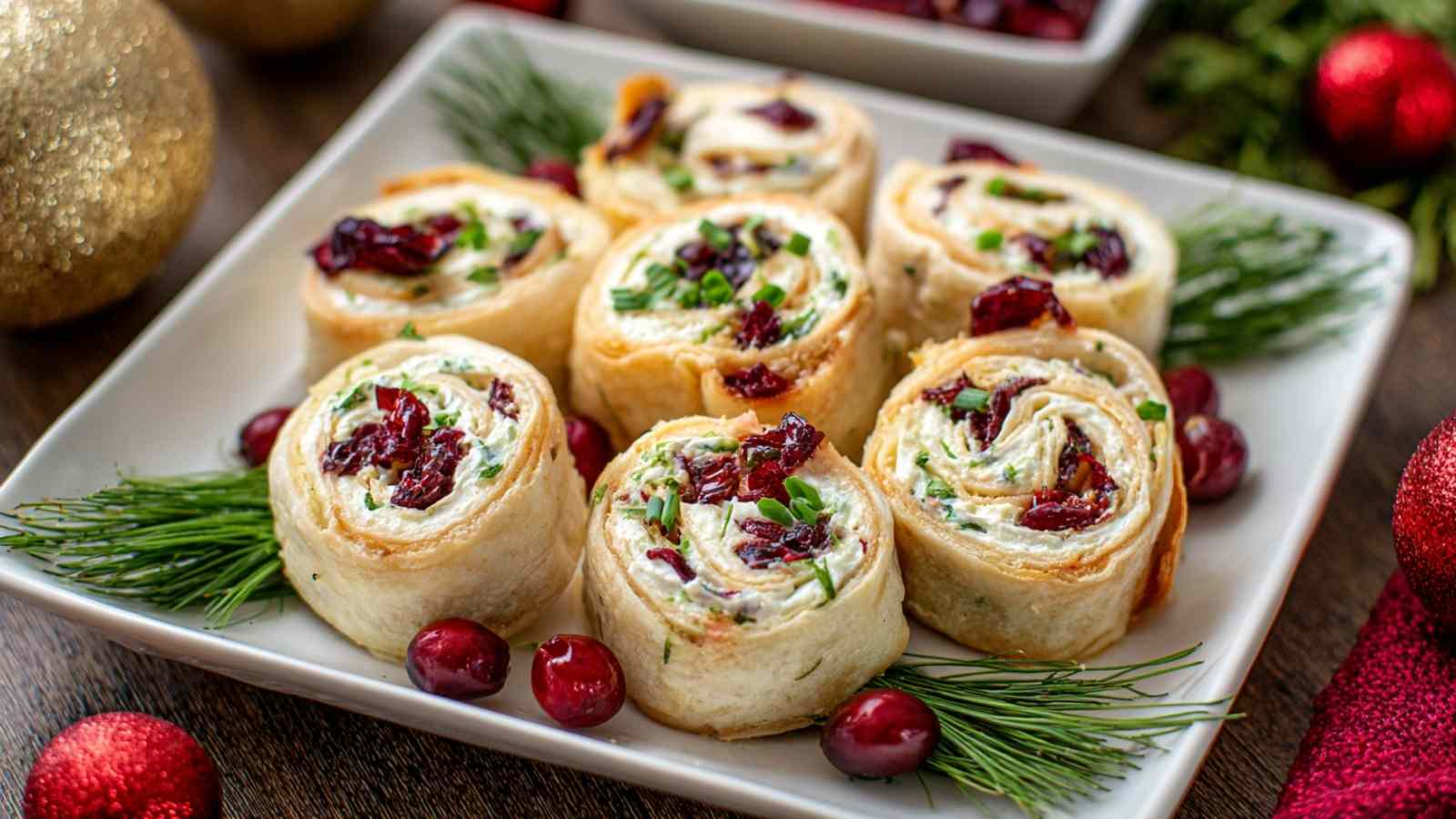 Savory Christmas Cranberry Roll Ups sliced and arranged on white platter