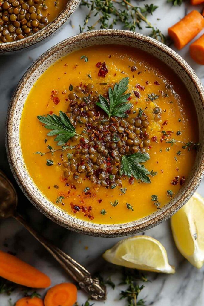 Easy Spiced Carrot and Lentil Soup Recipe - Healthy Fall Comfort Food.