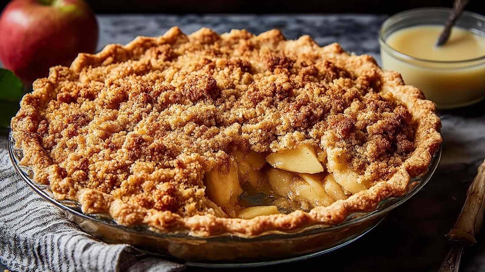 Fall apple crumble pie with golden brown crumble topping and cinnamon spiced apples