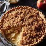 Fall apple crumble pie with golden brown crumble topping and cinnamon spiced apples