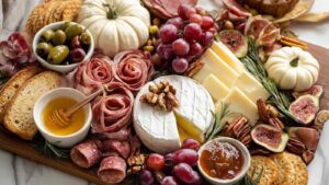 Horizontal view of a fall charcuterie board with brie cheese, figs, grapes, cured meats, and white pumpkins, styled on a wooden board
