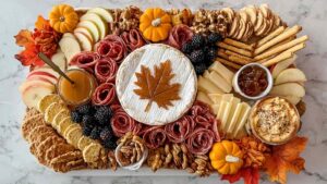 Fall charcuterie board with maple leaf-shaped brie centerpiece, mini pumpkins, apple slices, meats, cheeses, and spreads on a marble background