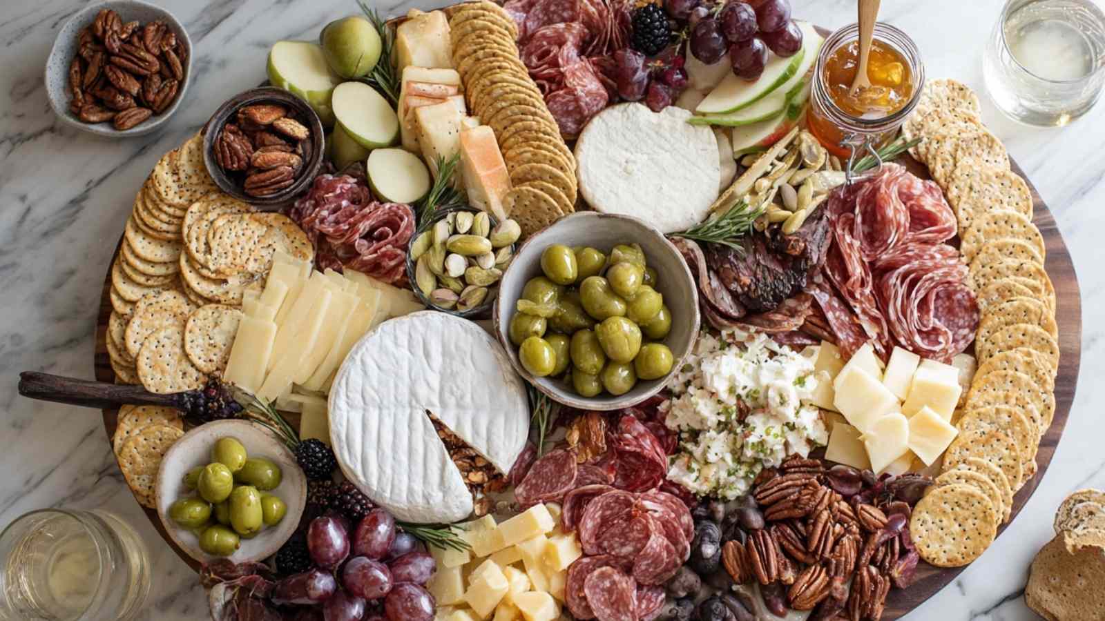 Overhead view of a large charcuterie board filled with cheeses, cured meats, crackers, apples, olives, figs, nuts, and jams on a round board