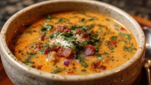 hearty keto soup in white bowl with fresh parsley garnish