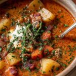 hearty keto soup in white bowl with fresh parsley garnish