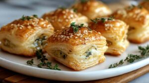 Golden herb and cheese stuffed puff pastry bites on baking sheet