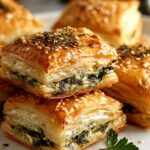 Golden herb and cheese stuffed puff pastry bites on baking sheet