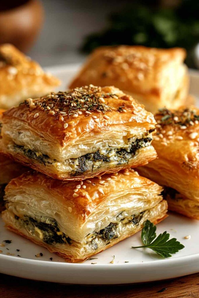 Golden herb and cheese stuffed puff pastry bites on baking sheet