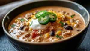 High protein creamy taco soup in white bowl with toppings