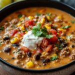High protein creamy taco soup in white bowl with toppings