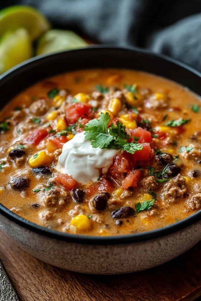High protein creamy taco soup in white bowl with toppings