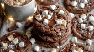 Hot Chocolate Cookies Recipe Hot chocolate cookies with marshmallows and chocolate chunks on cooling rack