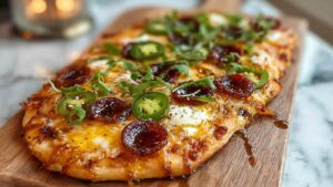 Hot honey flatbread pizza with melted cheese and pepperoni drizzled with spicy honey