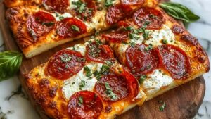 Hot honey pizza with pepperoni and ricotta on flatbread golden and bubbly