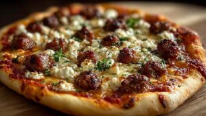 Hot Sausage Feta Honey Pizza with melted cheese and honey drizzle