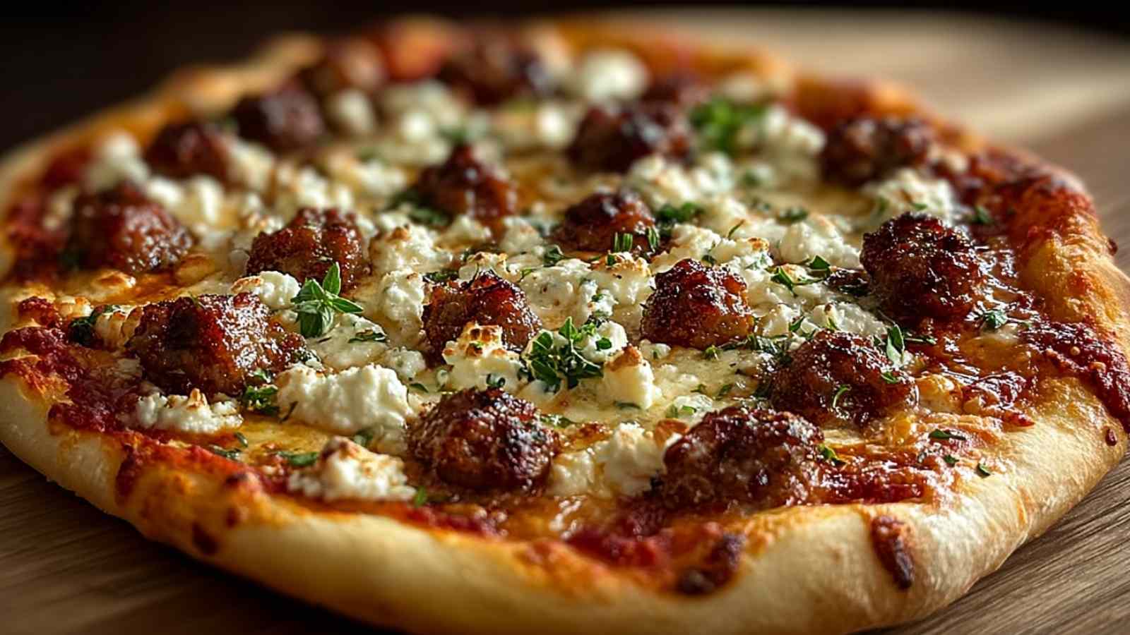 Hot Sausage Feta Honey Pizza with melted cheese and honey drizzle