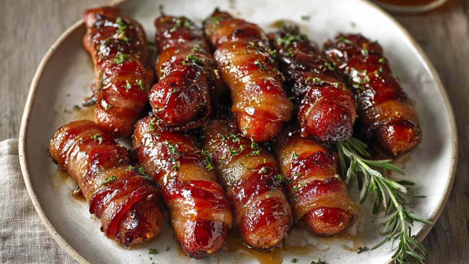 Close-up of sticky pigs in blankets glazed in maple-Dijon sauce, wrapped in crispy bacon, garnished with herbs and served on a white ceramic plate.