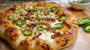 Jalapeño Popper Pizza with melted cheese and fresh jalapeños on pizza stone