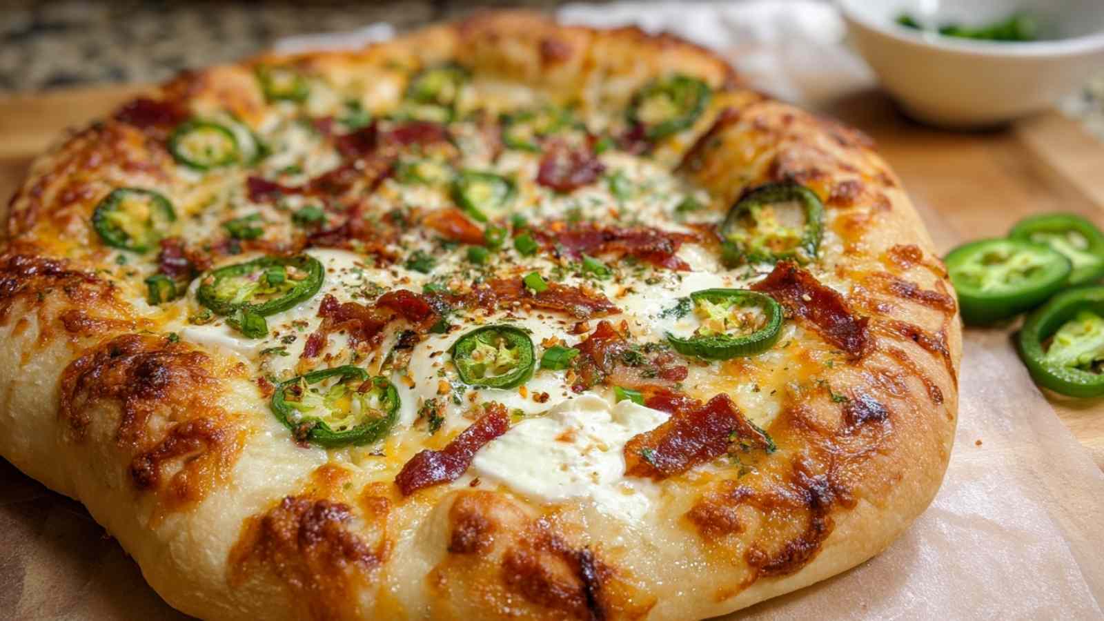 Jalapeño Popper Pizza with melted cheese and fresh jalapeños on pizza stone