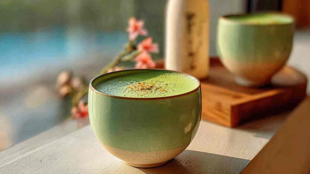 7 Natural Weight Loss & energy Drinks 2 Green matcha tea in ceramic bowl representing Japanese mounjaro drink recipe for natural appetite control