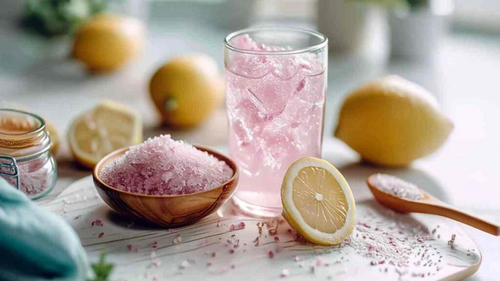 7 Natural Weight Loss & energy Drinks 8 Japanese pink salt recipe morning drink with pink himalayan salt in wooden bowl and fresh lemon halves
