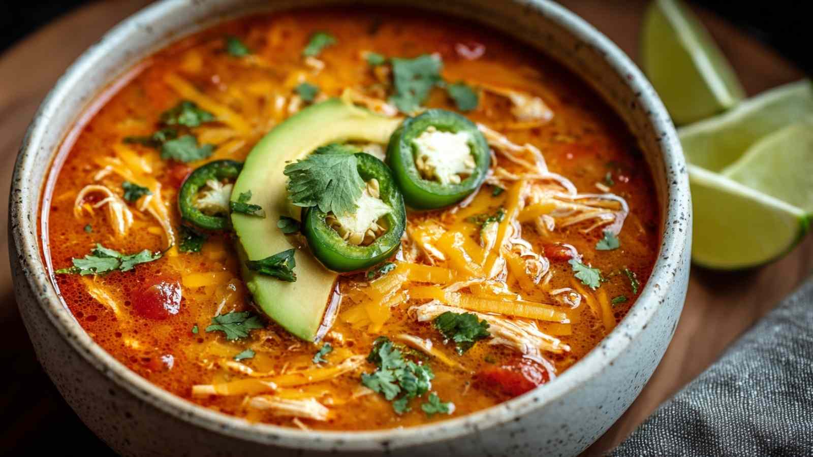 Bowl of creamy keto chicken tortilla soup with avocado and cheese toppings