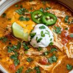 Bowl of creamy keto chicken tortilla soup with avocado and cheese toppings