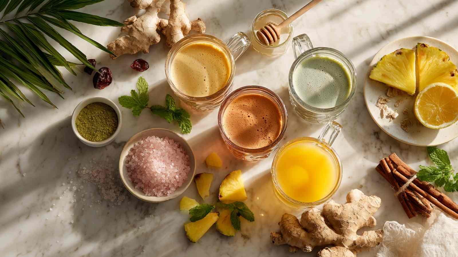 Overhead view of natural weight loss drinks on marble counter with fresh ginger, pink himalayan salt, matcha powder, honey jar and mint leaves