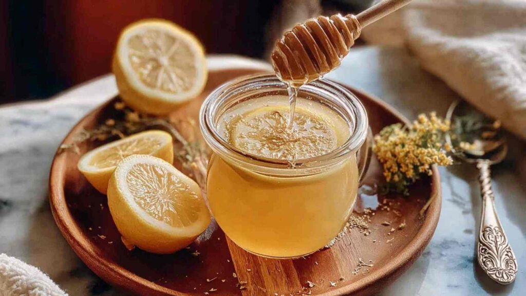 7 Natural Weight Loss & energy Drinks 3 Golden honey being drizzled into glass jar with lemon slices for natural zepbound recipe weight loss drink