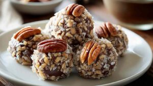 No bake pecan pie balls coated in graham cracker crumbs on white plate