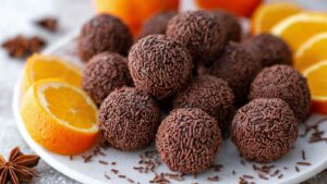 Orange Chocolate Christmas Truffles Recipe Orange Chocolate Christmas Truffles coated in chocolate sprinkles on white plate