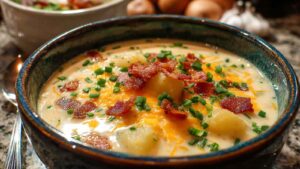 Creamy Outback potato soup in bowl topped with bacon and cheese