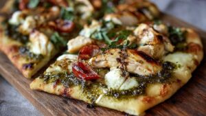 Pesto chicken flatbread with melted cheese and cherry tomatoes on baking sheet