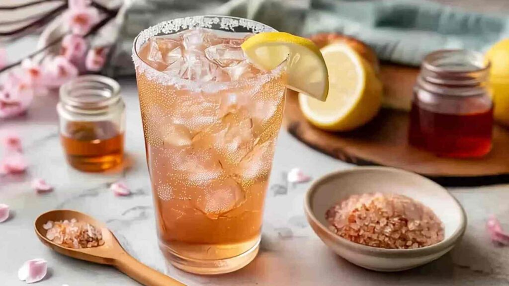 7 Natural Weight Loss & energy Drinks 7 Pink salt baking soda detox drink in glass with himalayan salt crystals and lemon for morning pH balance