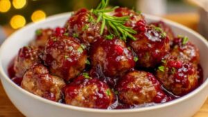 Close-up of cranberry-glazed beef meatballs topped with fresh dill, served in a white bowl—perfectly browned and coated in a rich, glossy sauce.