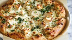 Roasted garlic white chicken pizza with melted mozzarella cheese and fresh herbs