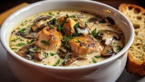 rotisserie chicken mushroom soup in bowl with crusty bread