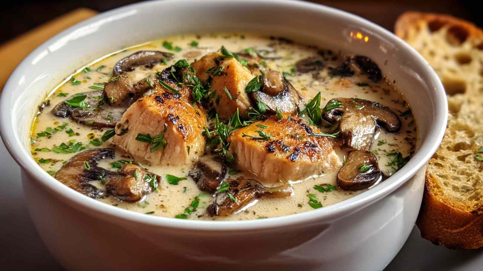 rotisserie chicken mushroom soup in bowl with crusty bread