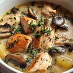 rotisserie chicken mushroom soup in bowl with crusty bread