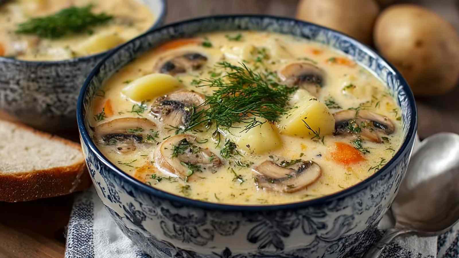 Creamy Russian potato and mushroom soup garnished with fresh dill in white bowl