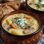 Creamy Russian potato and mushroom soup garnished with fresh dill in white bowl
