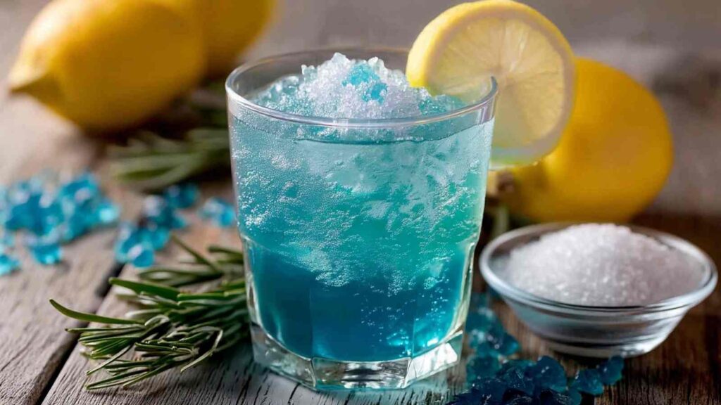 7 Natural Weight Loss & energy Drinks 6 Blue colored salt trick recipe for energy drink with ice and lemon garnish showing mineral-rich ingredients