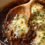Tender French onion pot roast with caramelized onions served in Dutch oven with mashed potatoes and fresh thyme.